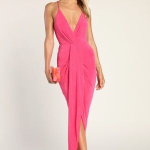LULUS Dreamy Holiday Hot Date Hot Pink Surplice Midi Dress Medium
